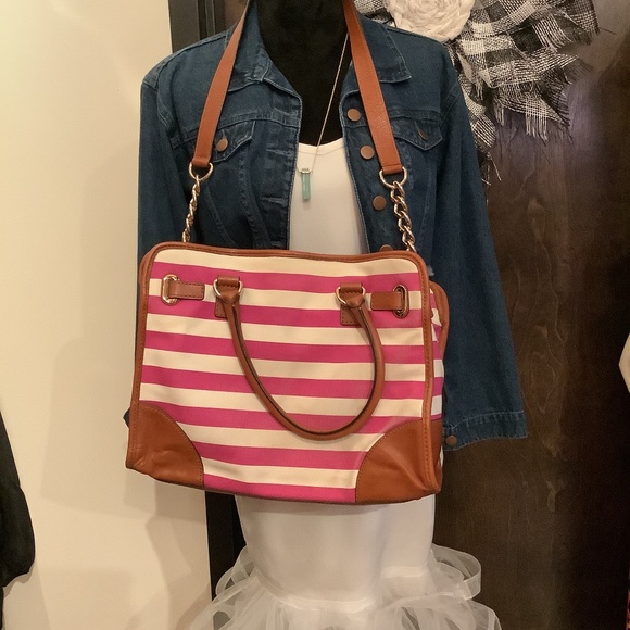 MICHAEL Michael KORS Fusia/pink and White Striped Canvas leather Hamilton Large - Picture 2 of 15